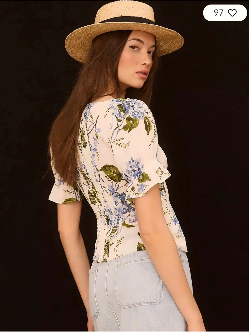 Reformation Constance Top Cream Floral Square-Neck Puff Sleeve Top